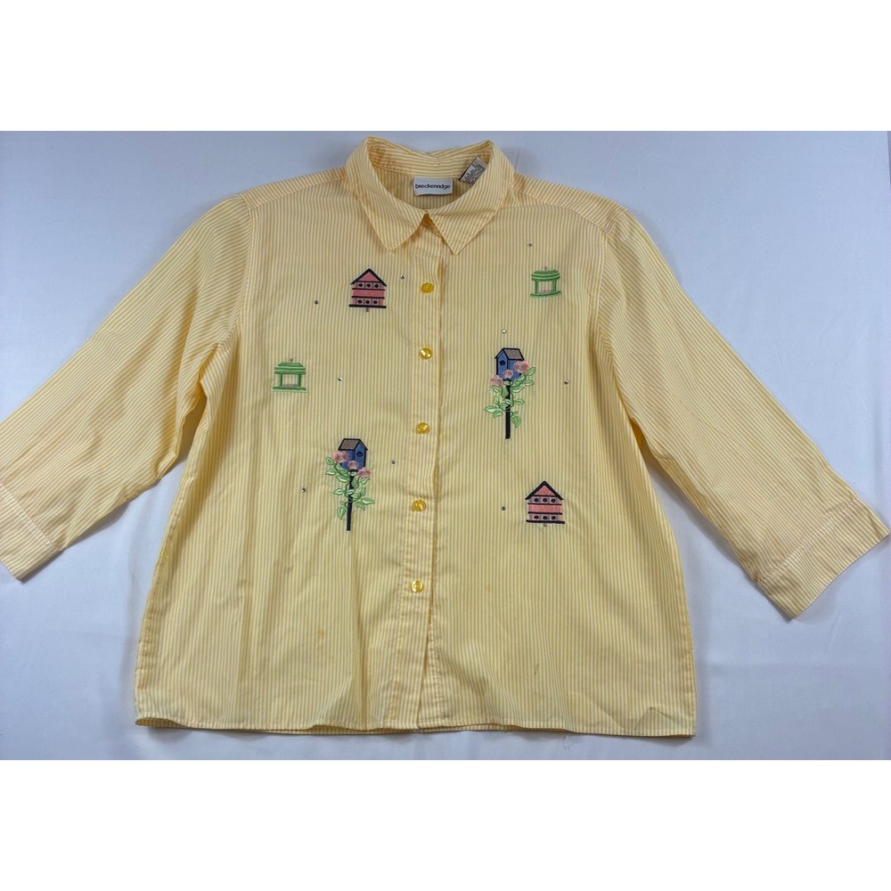 Breckenridge Birdhouse Shirt Womens L Yellow Stripe Embroidered Good Condition